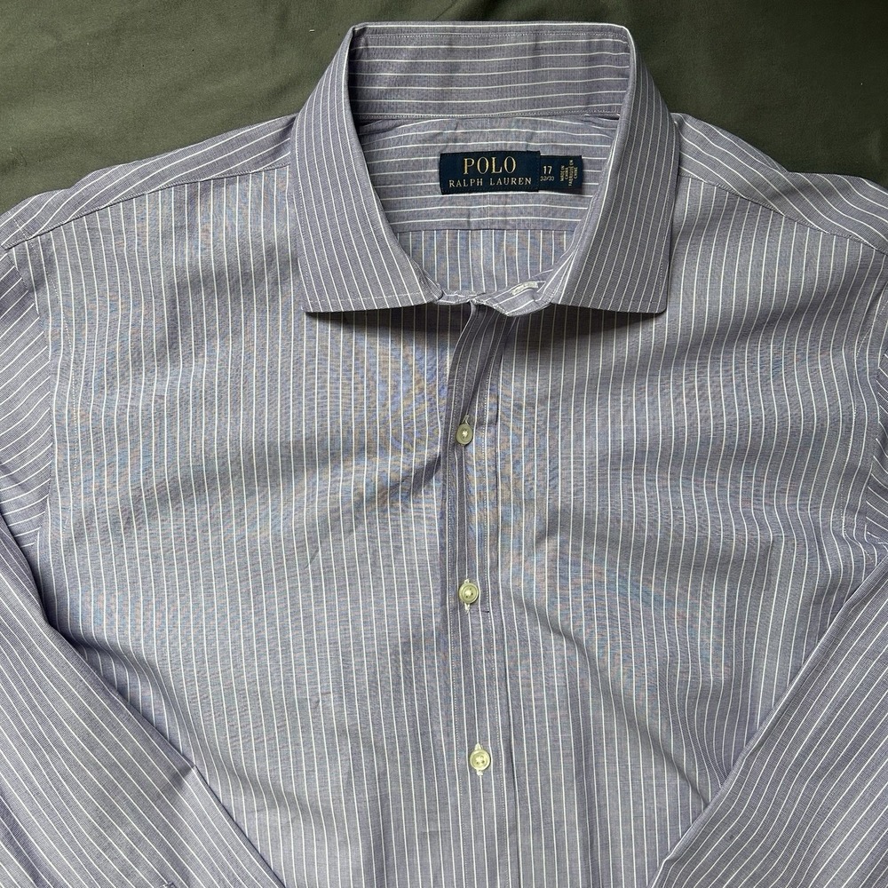 Polo Ralph Lauren Dress Shirt Mens 17 32/33 Purple White Striped Cotton Long Slv